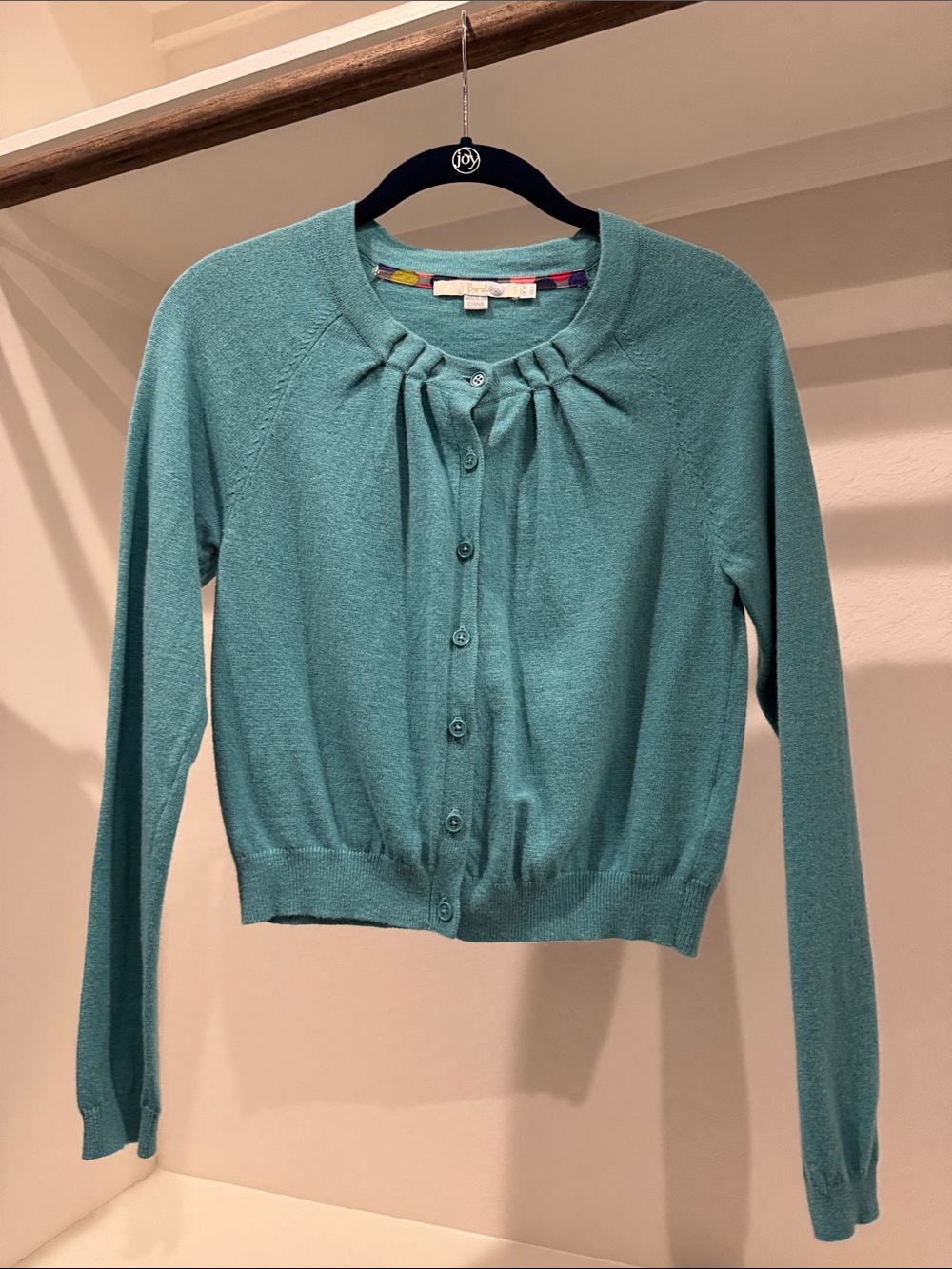 Boden Teal Pleated-Neck Cotton Cardigan
